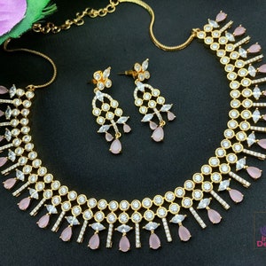 Gold-plated Pink American diamond necklace jewelry | Rose quartz crystal necklace | statement necklace and earring set | Indian Designs