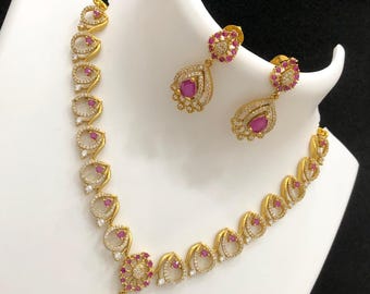 Antique Matte Gold Necklace Set| South Indian Temple Jewelry| Ruby Emerald CZ Stone Necklace| Traditional Choker with Earrings |Gift for her