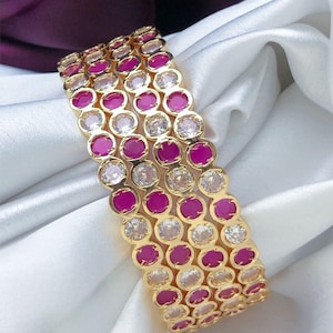 Exclusive gold bangle set for weddings, 4-piece gold polish with cz, american diamond ruby and white stones, south indian bangles, bridal ba