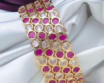 Set esclusivo di bracciali in oro per matrimoni, 4 pezzi in oro lucido con zirconi cubici, diamanti americani, rubini e pietre bianche, bracciali dell'India meridionale, bracciali da sposa