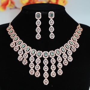 Rose Gold American Diamond multi strand necklace and Earrings