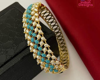 Gold plated pearl bangle| openable gold kada| indian ethnic bracelet| ruby green turquoise stone bangle| statement bangle| gift for her