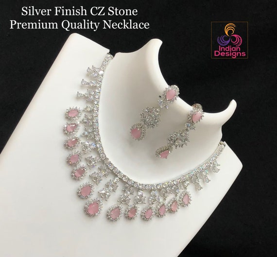 Silver American Diamond Necklace Set Cz Bridal Necklace - Etsy Canada
