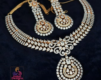 Exclusive Silver Polish American Diamond Collar necklace Earring set| Ruby Topaz AD stone necklace sets| CZ Diamond jewelry | Gift for her