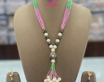 Beaded Pearl Necklace Set with Tassels| Elegant Pink and Green Bead Necklace with Pearl Drops| Traditional Indian Jewelry| Gift for her