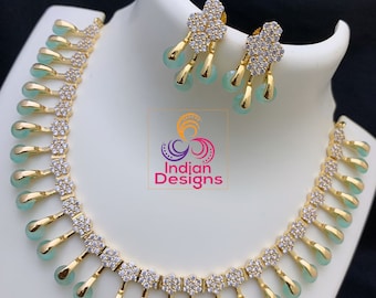 Unique and Exclusive CZ American Diamond necklace Earring set| Gold Plated CZ diamond Jewelry| Statement Wedding necklace set| Gift for her