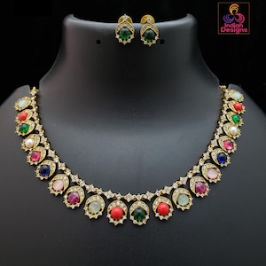 Multi-Color Stone Gold Plated Necklace Set| Navratna Style Indian Jewelry| Wedding Choker & Earrings| Cz Stone Traditional Jewelry Gift