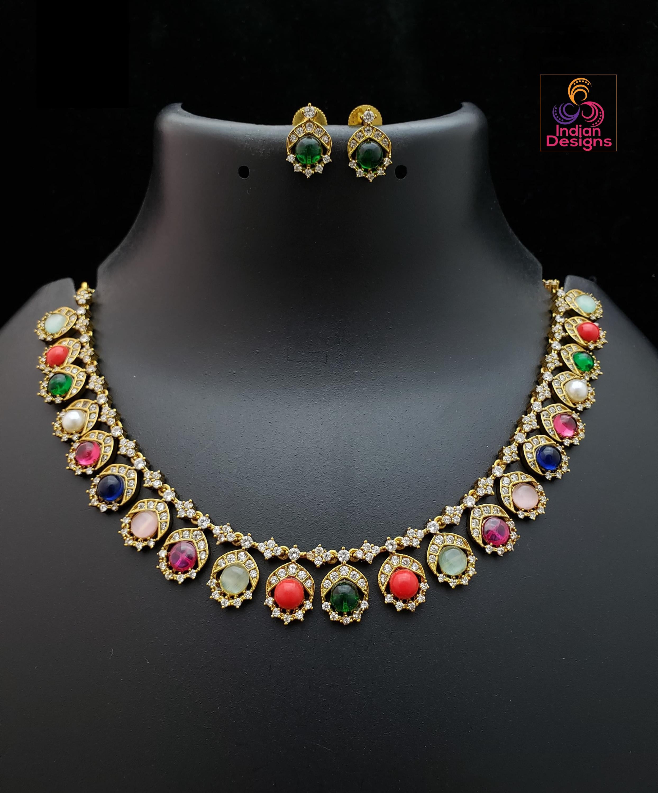 Multi-Color Stone Gold Plated Necklace Set| Navratna Style Indian Jewelry| Wedding Choker & Earrings| Cz Stone Traditional Jewelry Gift