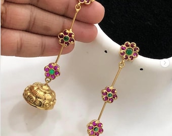 Matte Gold Long Jhumka Earrings with Floral Design| Antique Finish Indian Earrings | Traditional Wedding Statement Ethnic Dangler Earrings