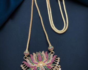 Lotus Flower Charm Necklace with Ruby Emerald Stones| Gold Plated South Indian mangalsutra| AD stone Lotus Pendant Necklace| Gift for her