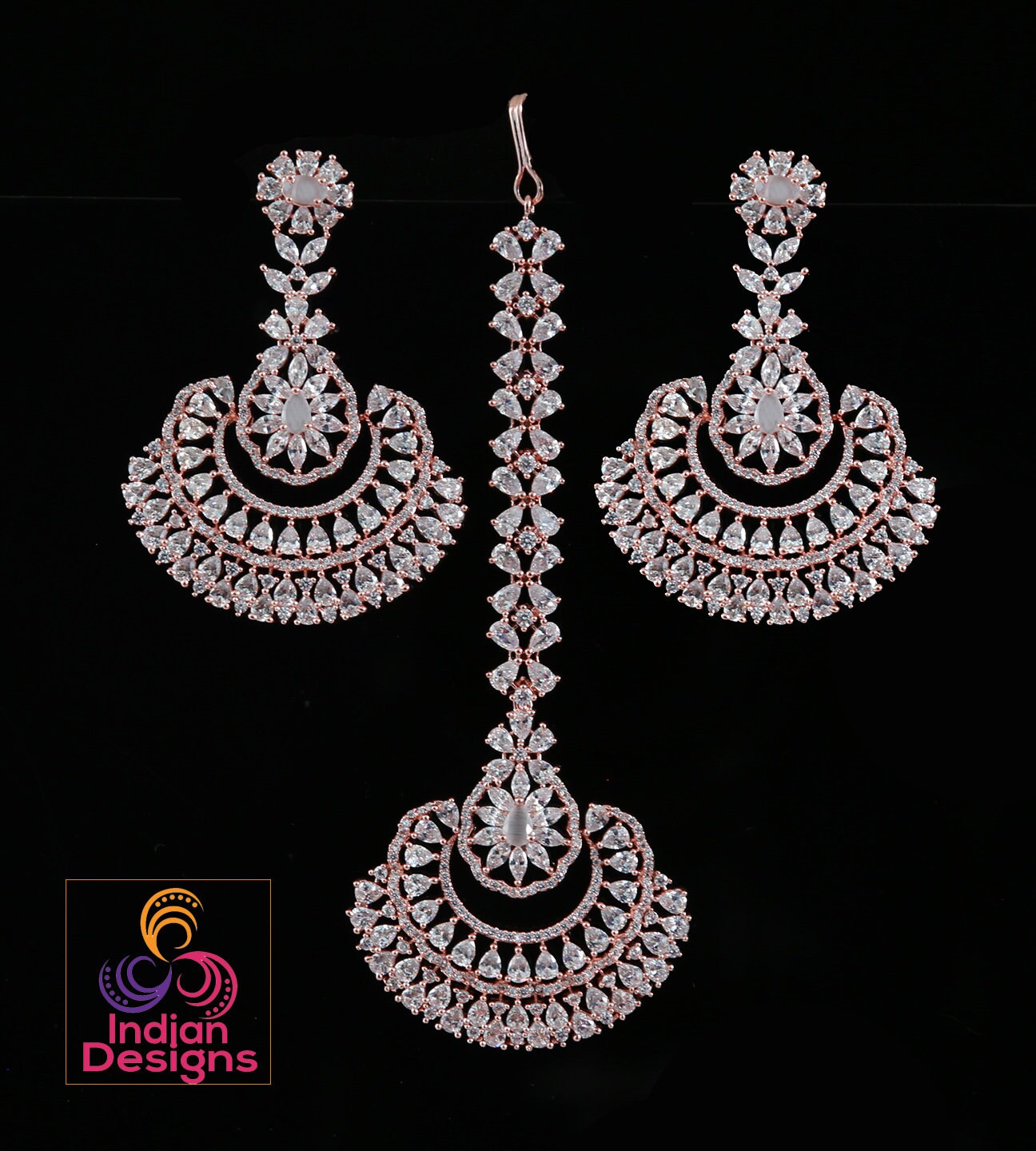 I Jewels Maang Tikka - Rose Gold Plated, Crystal & Stone Headpiece For Weddings (T2109Rg)