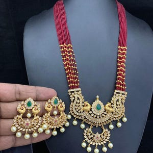 Traditional matte finish emerald cz necklace| south indian temple jewelry for weddings| american diamond multi-strand bead necklace| gift