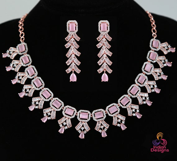 Pink And White American Diamond Necklace