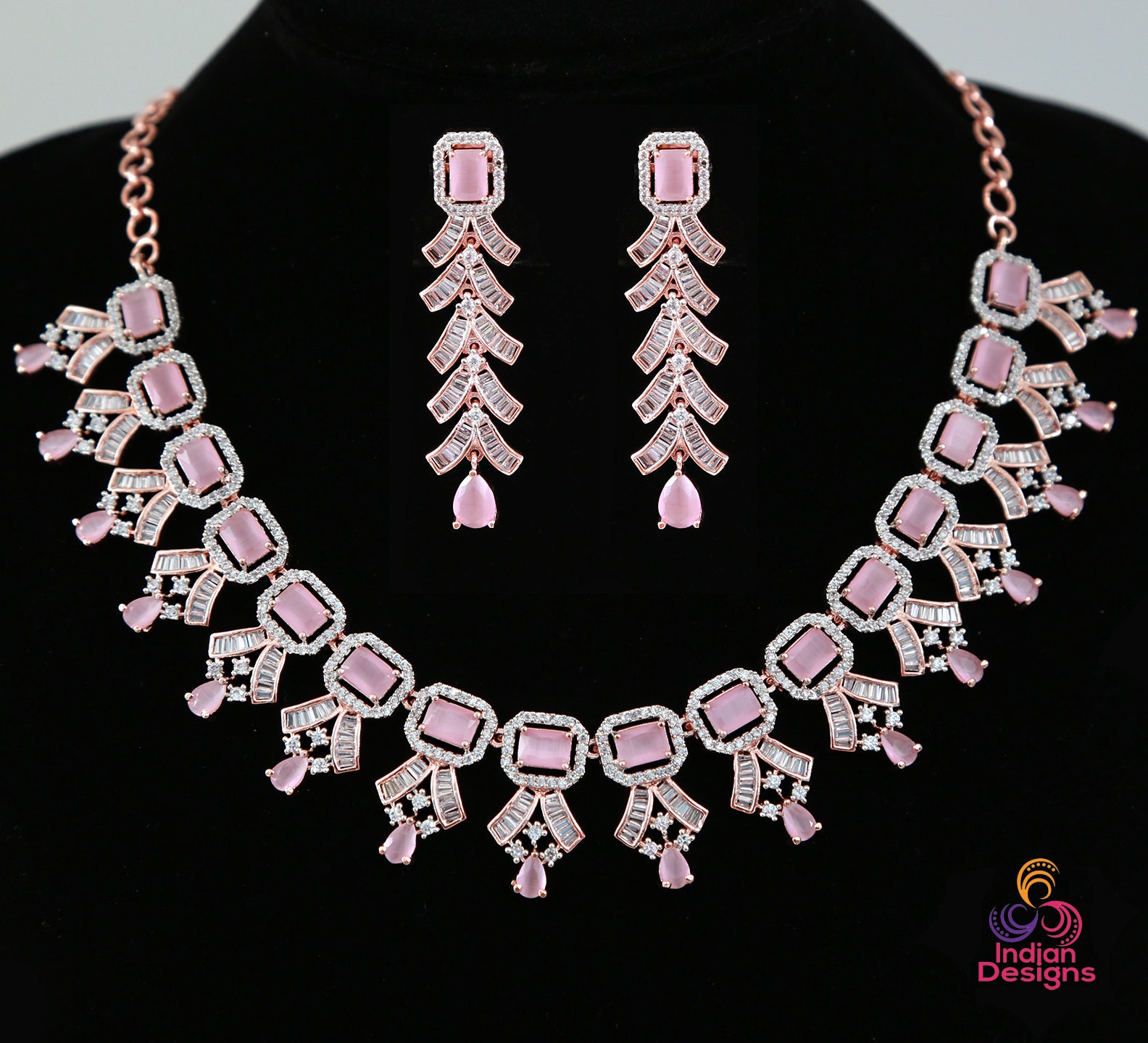 Indian Rose Gold Plated Mint Pink Diamond Necklace Jewellery Set for Women