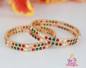 One gram gold multi-color stone bangles 4-piece| traditional south indian bangles| stylish navaratna light weight bangles| gift for her