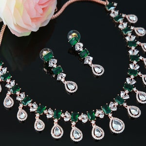 Rose Gold American diamond necklace set | Pear shaped drop CZ diamond necklace | Indian jewelry ruby necklace | Bollywood jewelry sets