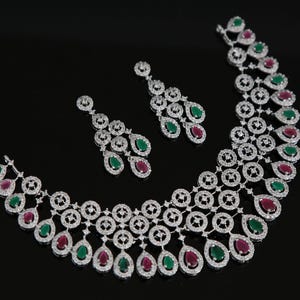 Exclusive Silver tone American Diamond Wedding Choker Necklace| Tear Drop Pink Diamond AD Choker set, Indian Pakistani style Wedding jewelry