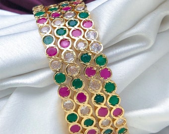 One Gram Gold Plated Bridal bangles 4-Piece, Cz American Diamond Ruby, emerald and white Stones, South Indian Bangles