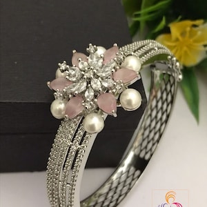 American diamond kada bangle bracelet | CZ stone bangles Silver | Hand Crafted Openable bangles | AD pearls Kada bangle with Floral Design