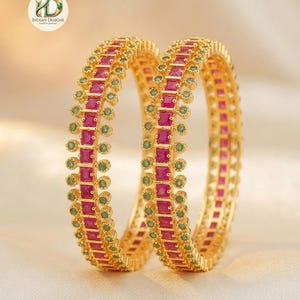 Gold Plated Ruby and Emerald Stone Bangles| Traditional Indian Designer Bangles| Ethnic Party Wear Bracelet| Indian Jewelry Gift for Women