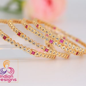 2.8 Size Gold plated American diamond Ruby stone bangles Low price Set of 4 bangles| South Indian bangles| Daily use bangles | Gift for her