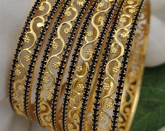 One Gram Gold Black Stone Bangles Set| Traditional Filigree Scrollwork Kada Bracelets| Party Wear AD stone Bangles set of 4| Gift For her
