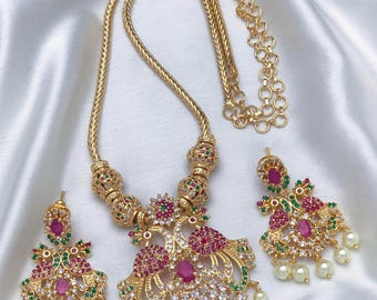 Gold plated peacock necklace set| south Indian ad stone jewelry| traditional ruby emerald white pendant| South Indian Wedding Jewelry Set