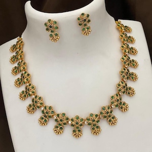 Gold Plated Simple Short Necklace in floral design| Pink & Green stone necklace| Temple Wedding Jewelry| South Indian Jewelry| Gift for her