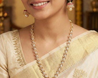 Ruby CZ Long Necklace Set with Jhumka Earrings| Gold Plated American Diamond Bridal Jewelry| Pearl Drop Jhumka Earrings| Gift for her