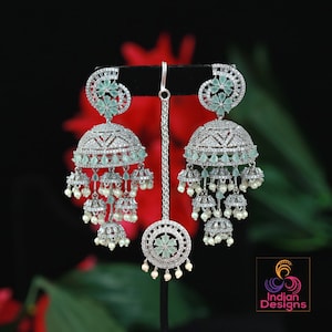 Big Silver-Rose Gold Jhumka Earrings with mangtikka | American Diamond Jhumki | Indian jewelry | Pakistani bridal jhumkas | Pearl jhumkas