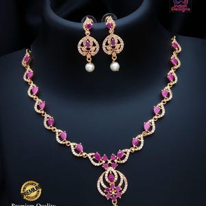 American diamond ruby green  necklace set| matte finish cz jewelry with pearl