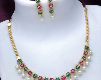American Diamond Multi-color stone necklace and earring set| Gold plated floral design simple necklace| Bollywood Style CZ Set| Gift for her