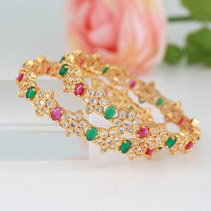 Emerald and ruby stone american diamond bangles | gold plated cz floral bangles | multi color crystal bangles | designer bangles for ladies