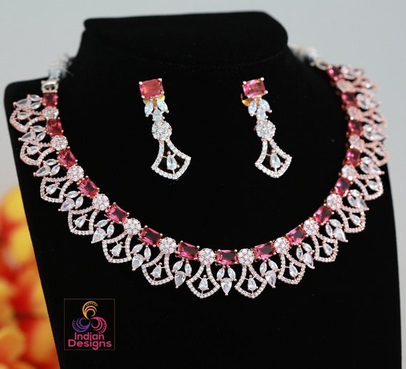 Exclusive Rose Gold American Diamond Necklace | Mint green necklace and  earrings | Cz diamond necklace set | Latest Indian jewelry designs