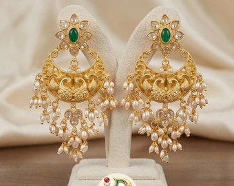 Antique Gold Plated Chandbali Earrings| Matte Finish Peacock Jhumkas| Statement Earrings| Temple Jewelry Jhumka| Pearl Drop Earrings
