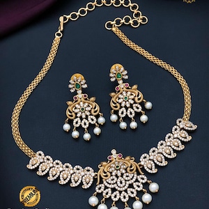 Gold Plated Indian Jewelry necklace Matte finish| Temple jewelry Design AD Necklace| American Diamond Jewelry set|Ruby Green CZ necklace set