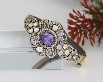 Victorian-Polish Openable Amethyst Crystal Kada Bracelet|Antique Gold Plated Bollywood statement Bangle bracelet|Indian Jewelry|Gift for her