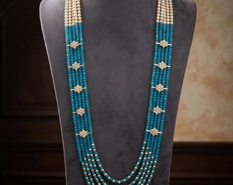 Multi Strand Statement Necklace| Indian Ethnic Beaded Jewelry| Groom Wedding Mala| Long Layered Crystal Pearl Mala|Designer Festive Necklace