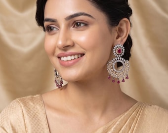 Black Rhodium Polish AD Chandbali Earrings| Statement Indian Earrings| CZ Party Wear Earrings| Wedding Jewelry Gift| Bollywood earrings