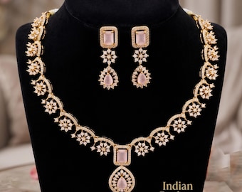 Matte Gold Indian Necklace Set with Earrings| American Diamond CZ Choker| Emerald Green Pink Purple Mint Ruby Necklace Set| Gift for her