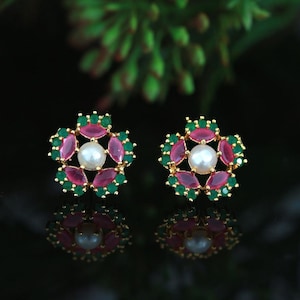 Pearl center floral stud earrings | ruby & emerald stone antique gold tops | south indian traditional studs by indiandesigns | gift for her