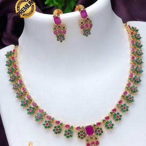 Gold plated american diamond dainty necklace and earrings| emerald ruby cz diamond choker| indian jewelry| statement necklace| gift for her