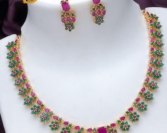 Gold plated american diamond dainty necklace and earrings| emerald ruby cz diamond choker| indian jewelry| statement necklace| gift for her