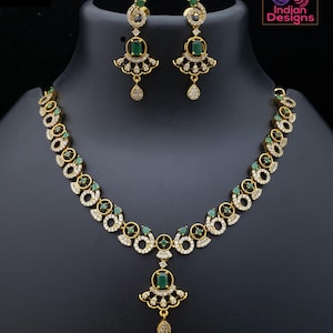 Antique Gold CZ American Diamond Necklace Set| AD Stone Bridal Jewelry| Green & White Choker Necklace with Earrings| Indian Wedding Jewelry