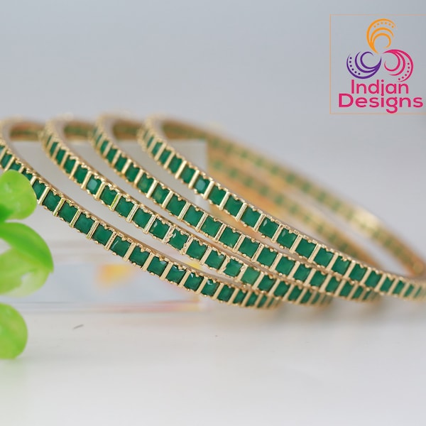 Emerald Green American diamond bangles set Gold polish| Indian Bridal Bangle set of 4 |Emerald Cz bangles | Daily wear one gram gold bangles