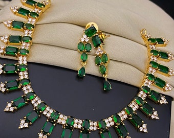 Gold plated Cz American Diamond necklace & Earrings| AD stones Simple gold choker Indian Wedding Jewelry set| Statement Choker| Gift for her
