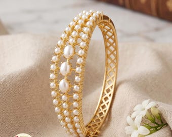 22k Gold Plated Kada Bangle| Emerald, Ruby, Pearl & Navaratna Stone Bracelet| Ethnic Brida Wear| Adjustable Openable Bangle| Gift for Her