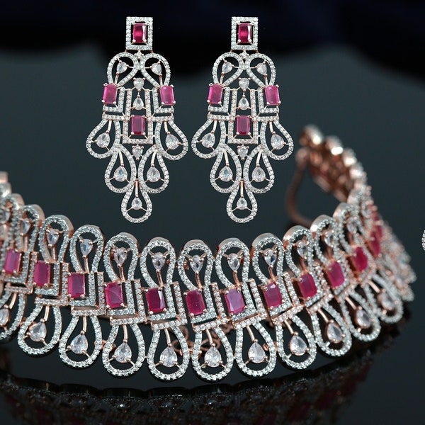 Oro rosa - Gargantilla de piedra AD verde menta con Mang Tikka / Joyería de moda estilo Bollywood indio CZ AD Conjunto de collar de gargantilla de plata de boda