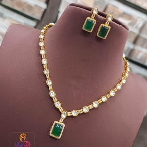 Rectangular stone kundan necklace set| gold plated cz pendant & earrings| modern indian jewelry| available in green, coral, aqua, maroon