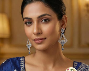 Silver tone American Diamond Long Earrings| CZ Statement Drop Earrings| Wedding Party Indian Jewelry Gift| Black Blue Topaz Color Options